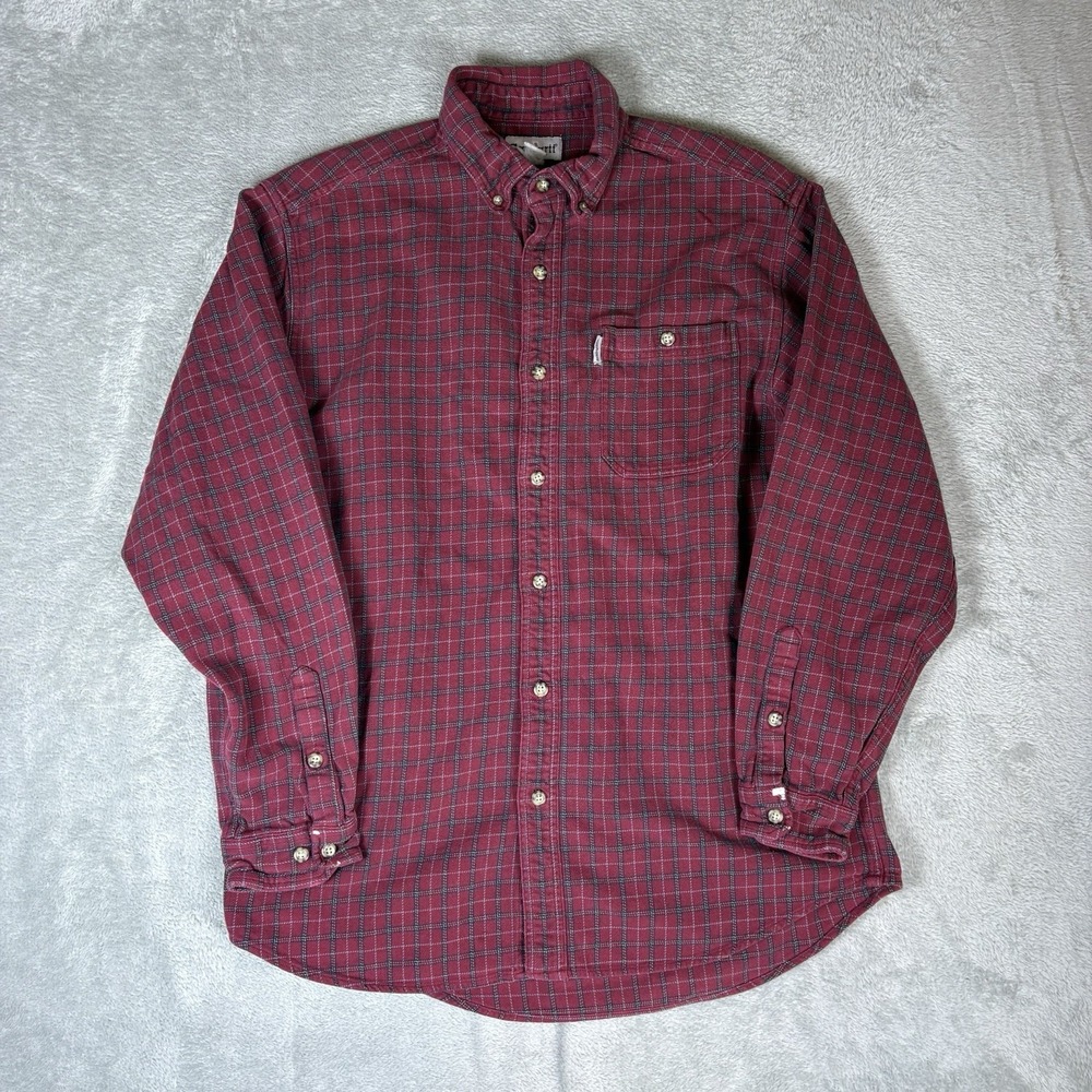 Vintage Carhartt Flannel Men's L Red Plaid Button-Down Work Shirt 100% Cotton